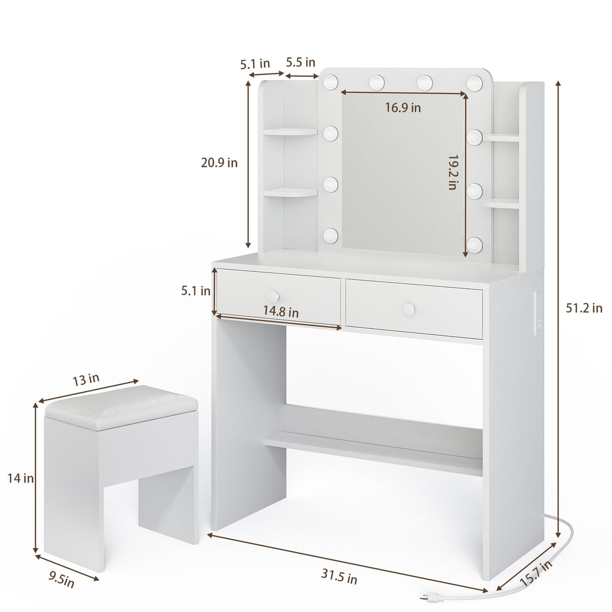 White Makeup Vanity Desk with Lighted Mirror and Chair Set M4315