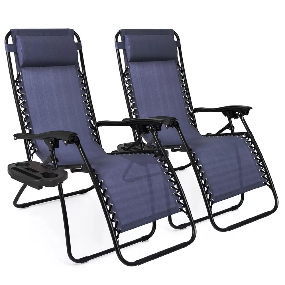 Set of 2 Navy Blue Adjustable Folding Lounge Chairs with Pillows J633