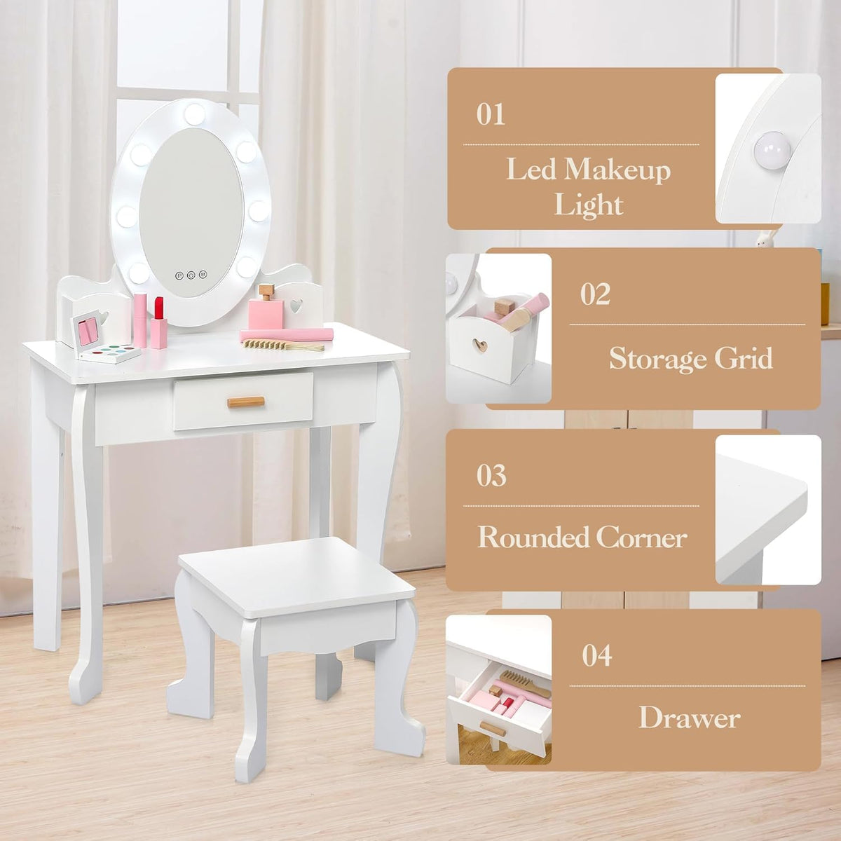 Vanity Table Set with Lighted Mirror and Stool W638
