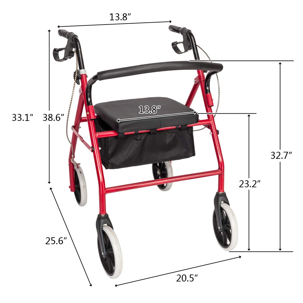 Rollator Walker with Seat, 8-inch Wheels, Black & Red X82188