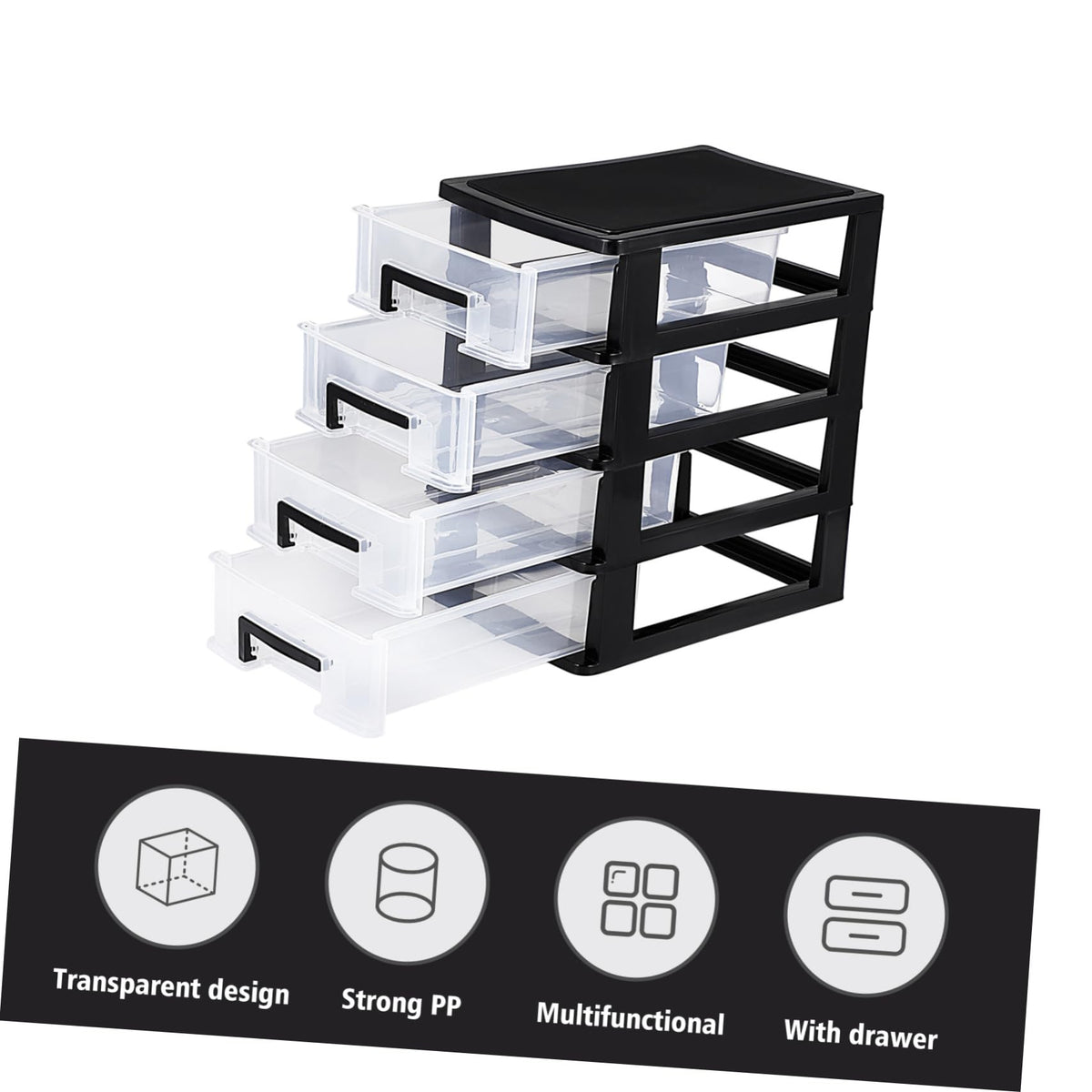 Black Transparent 4-Layer Plastic Drawer Storage Cabinet U69673