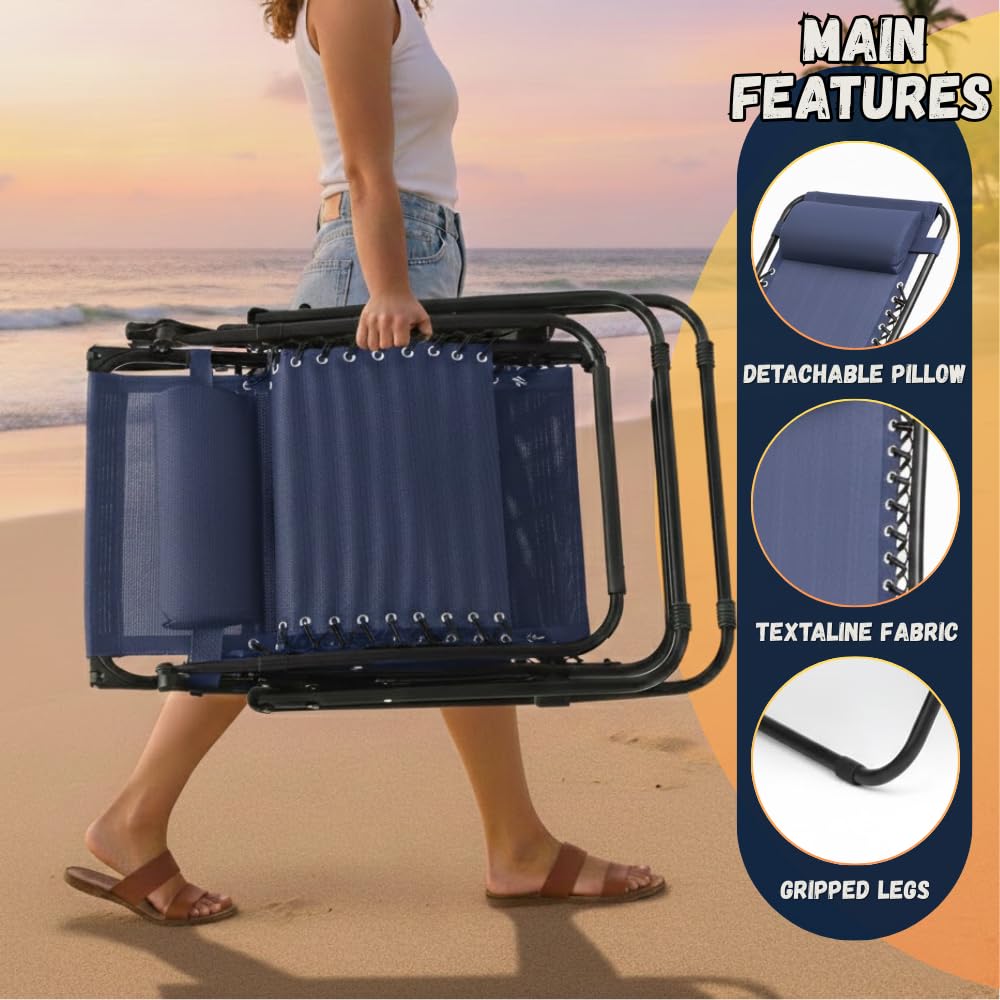 Set of 2 Navy Blue Adjustable Folding Lounge Chairs with Pillows J633