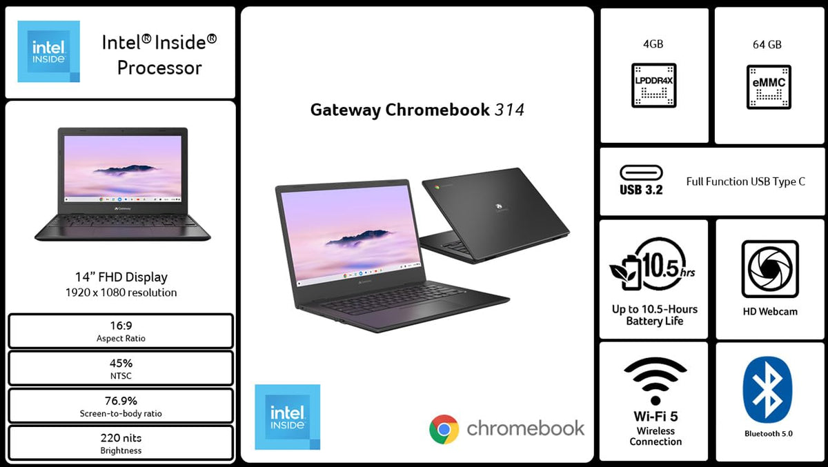 Chromebook 314 Laptop Intel Celeron N4500 14" Full HD 4GB 64GB Chrome OS Star Black W6704
