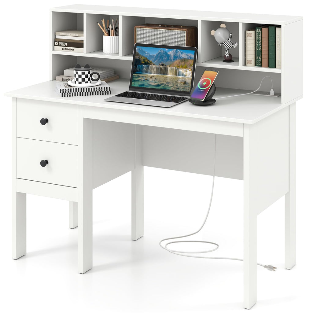 White Desk with Drawers and Hutch M83383