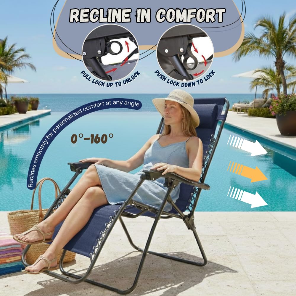 Set of 2 Navy Blue Adjustable Folding Lounge Chairs with Pillows J633