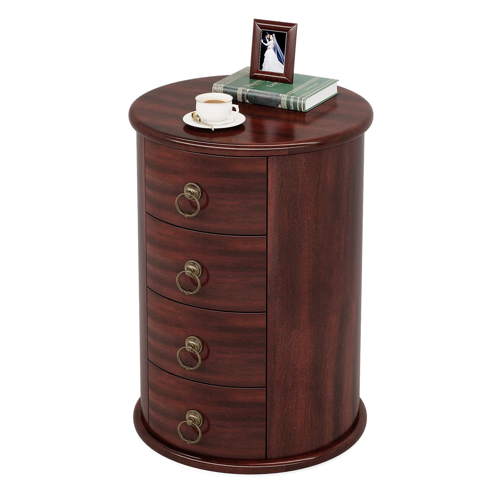 Solid Wood Round End Table with 4 Drawers O1036