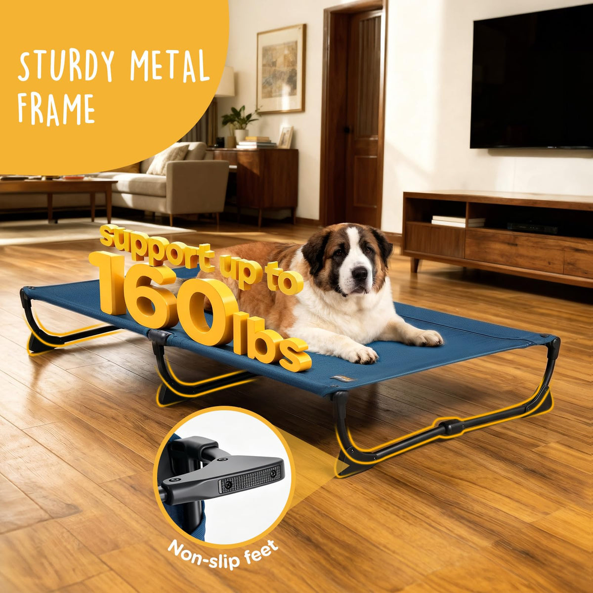 Large Elevated Dog Cot with Non-Slip Feet, Dark Blue C97391