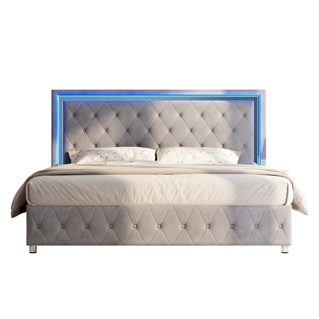 Full Velvet Upholstered Bed Frame with LED Lights Headboard J6155