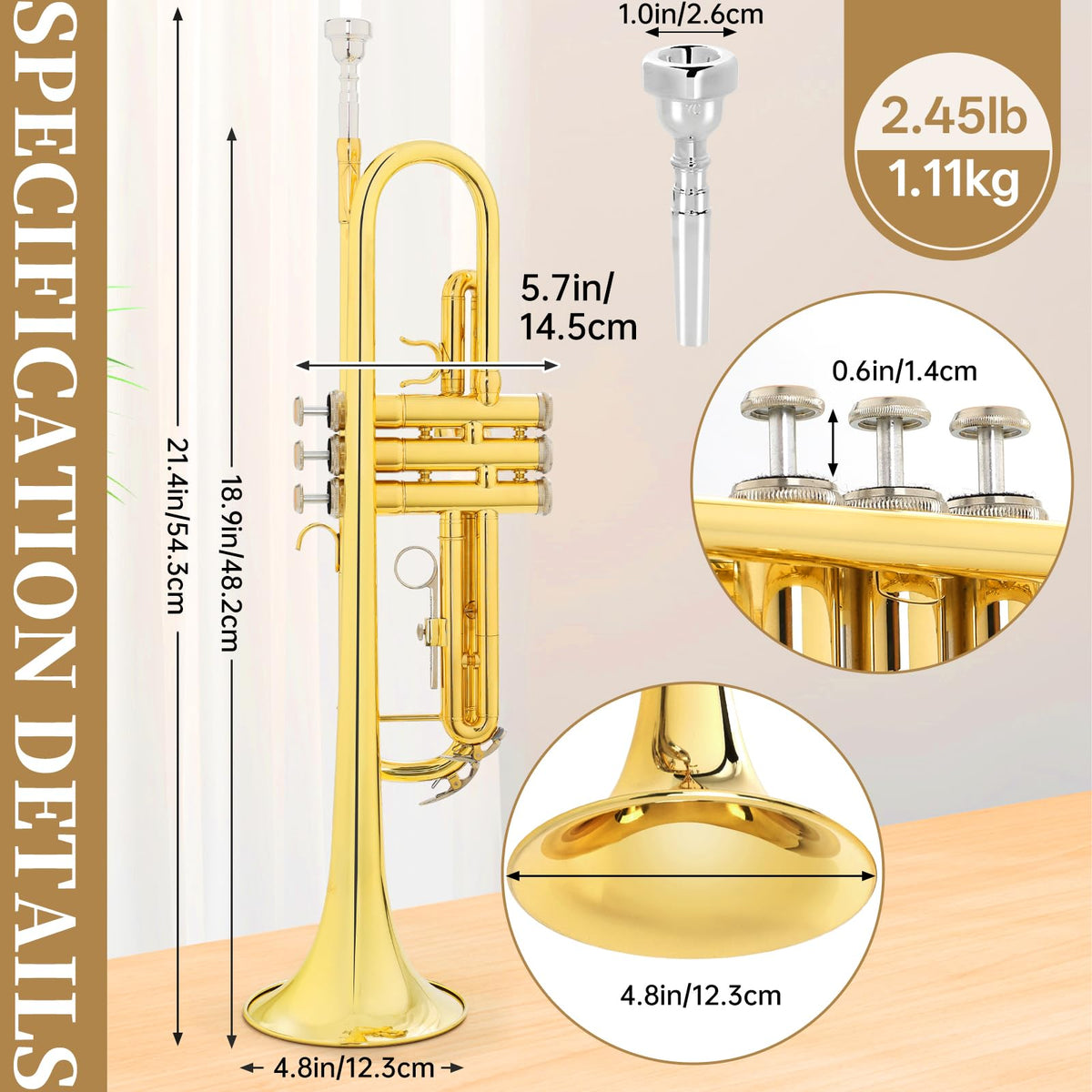 Bb Standard Brass Trumpet with Case, 7C Mouthpiece, Mute and Cleaning Kit O680629