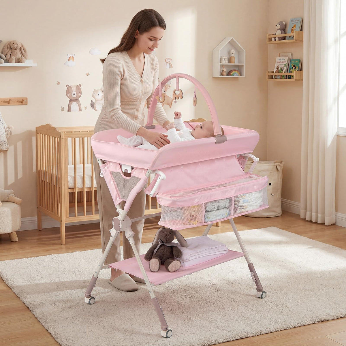 Portable Foldable Baby Changing Table with Wheels Y599312