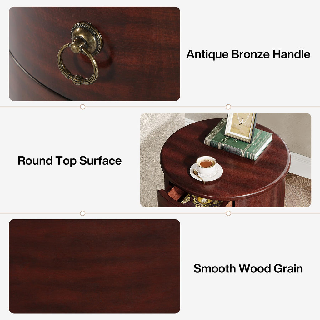 Solid Wood Round End Table with 4 Drawers O1036