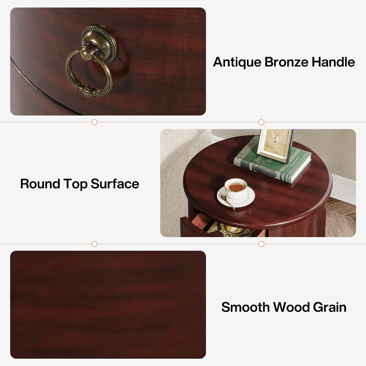 Solid Wood Round End Table with 4 Drawers O1036