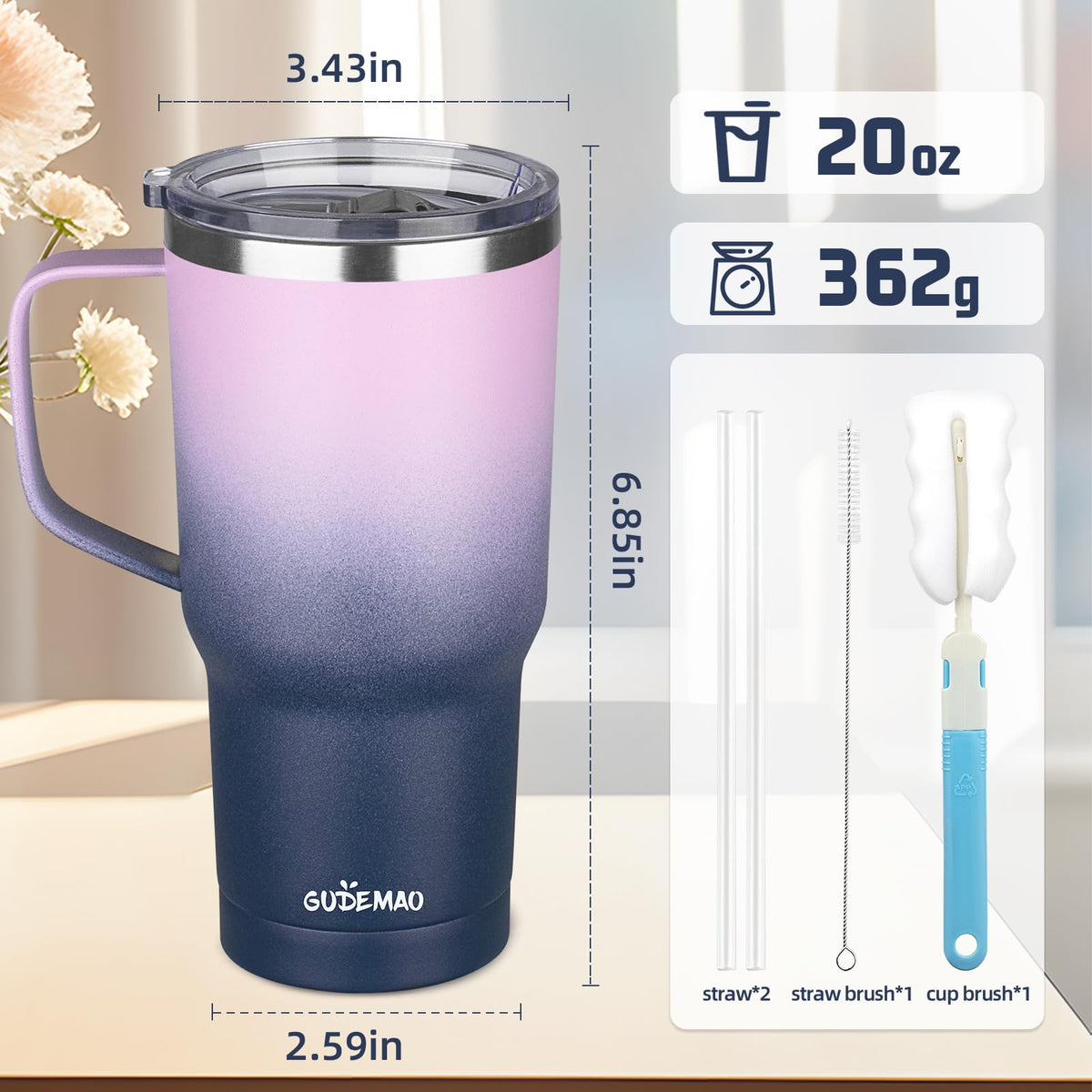 20 oz Insulated Stainless Steel Travel Mug with Handle Lid and Straw Z708