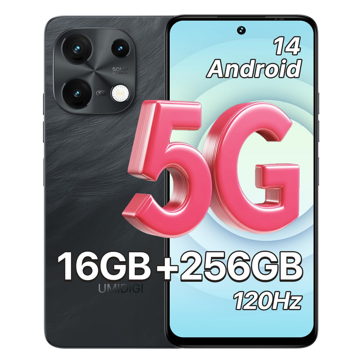 5G Dual SIM Unlocked Cell Phone, 6.8" HD+ 120Hz Display, 256GB, 50MP Camera, Black Y395