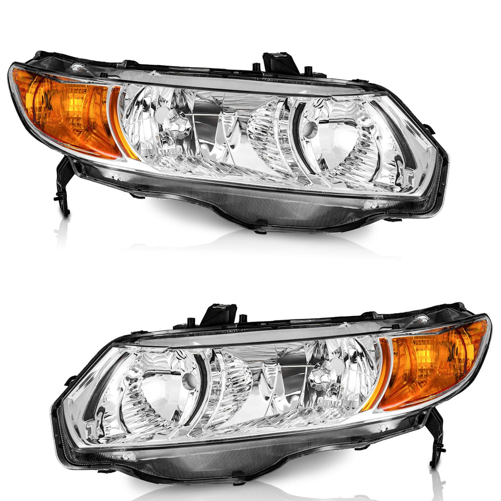Headlight Assembly Pair Chrome Housing Amber Reflector V221