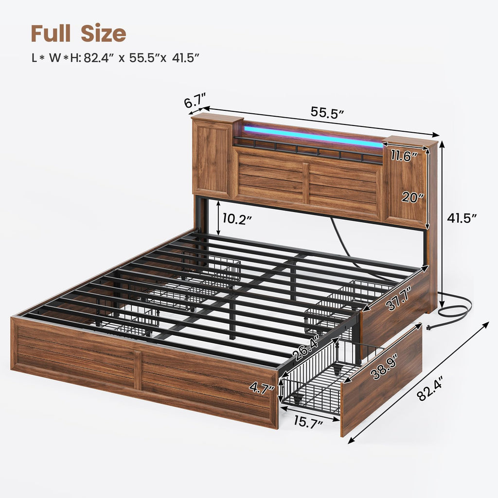 Brown Full Size Wood Bed Frame with Headboard and Storage R8079