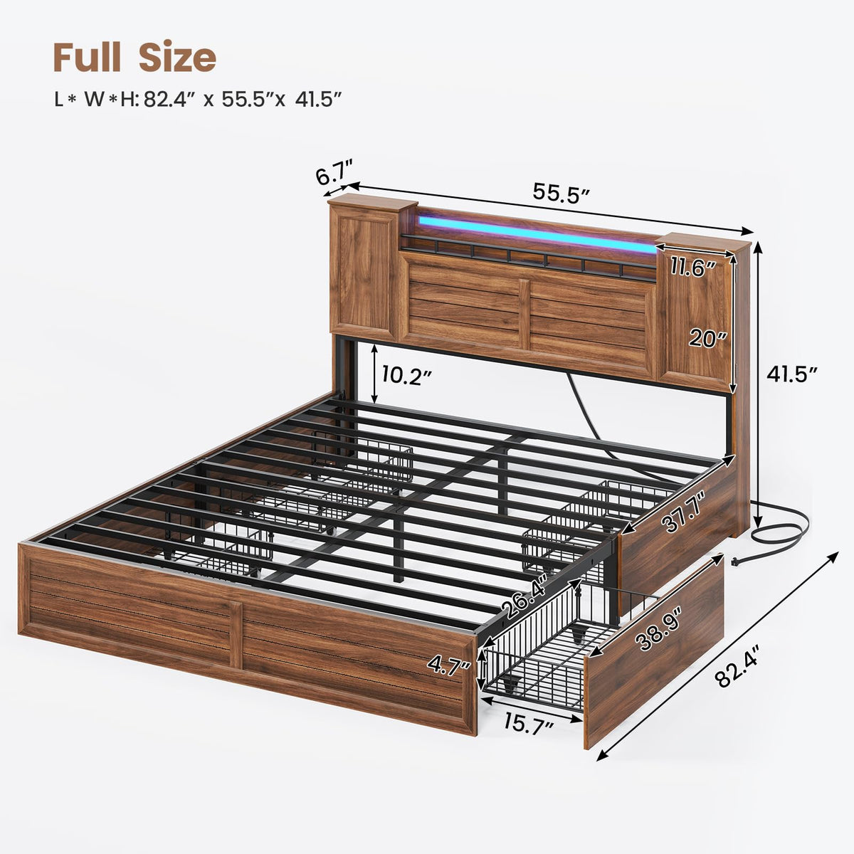 Brown Full Size Wood Bed Frame with Headboard and Storage R8079