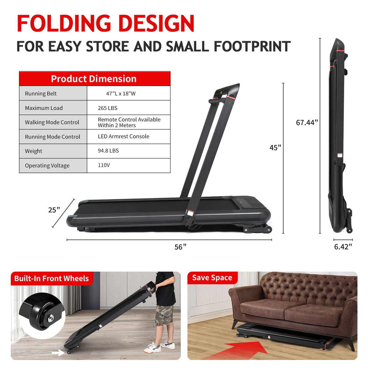 Foldable Treadmill with 18" Wide Running Belt J7169