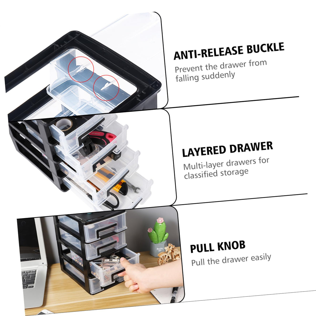 Black Transparent 4-Layer Plastic Drawer Storage Cabinet U69673