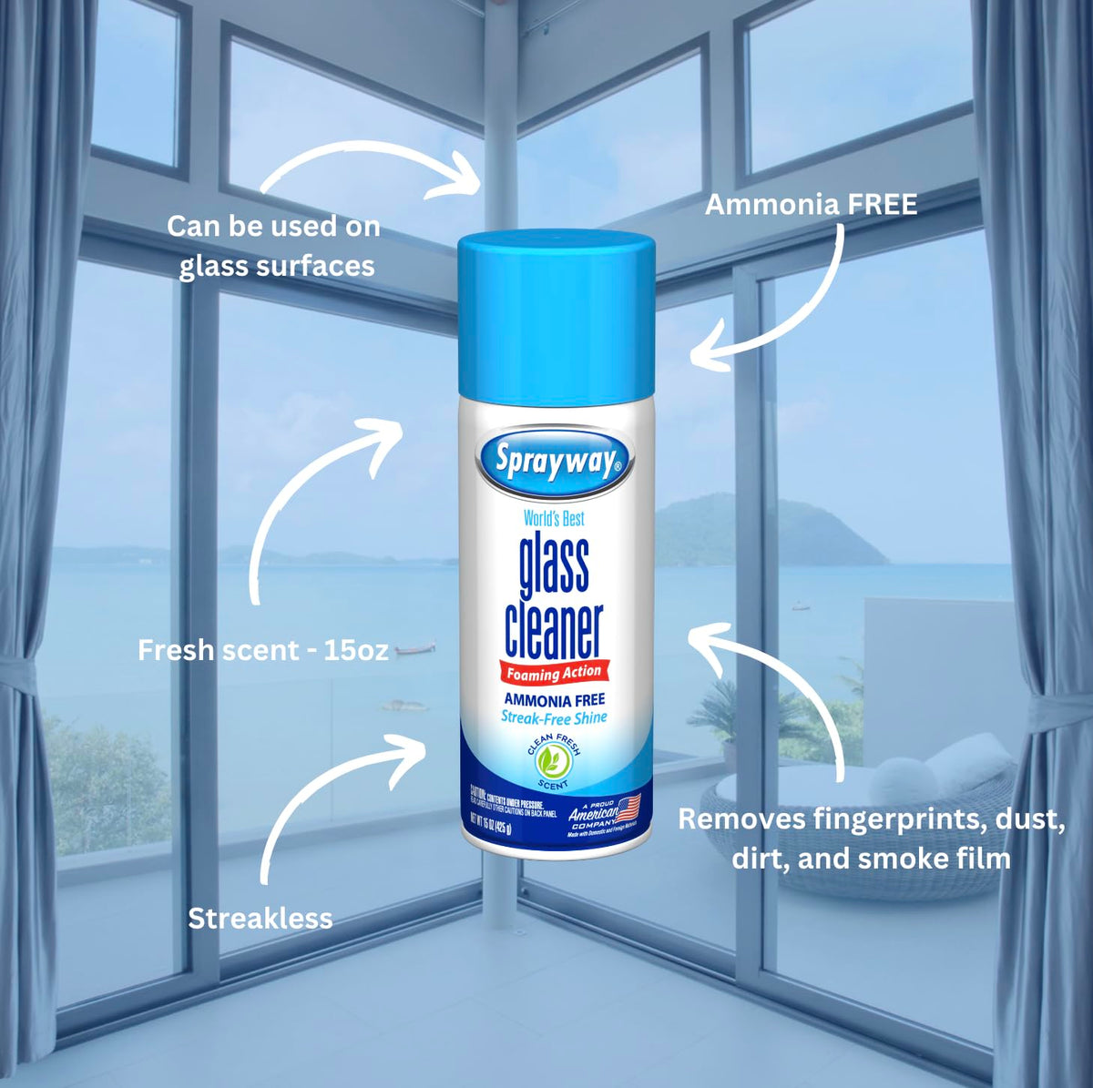 Ammonia-Free Glass Cleaner Aerosol Spray, 15oz, Pack of 6 I524669