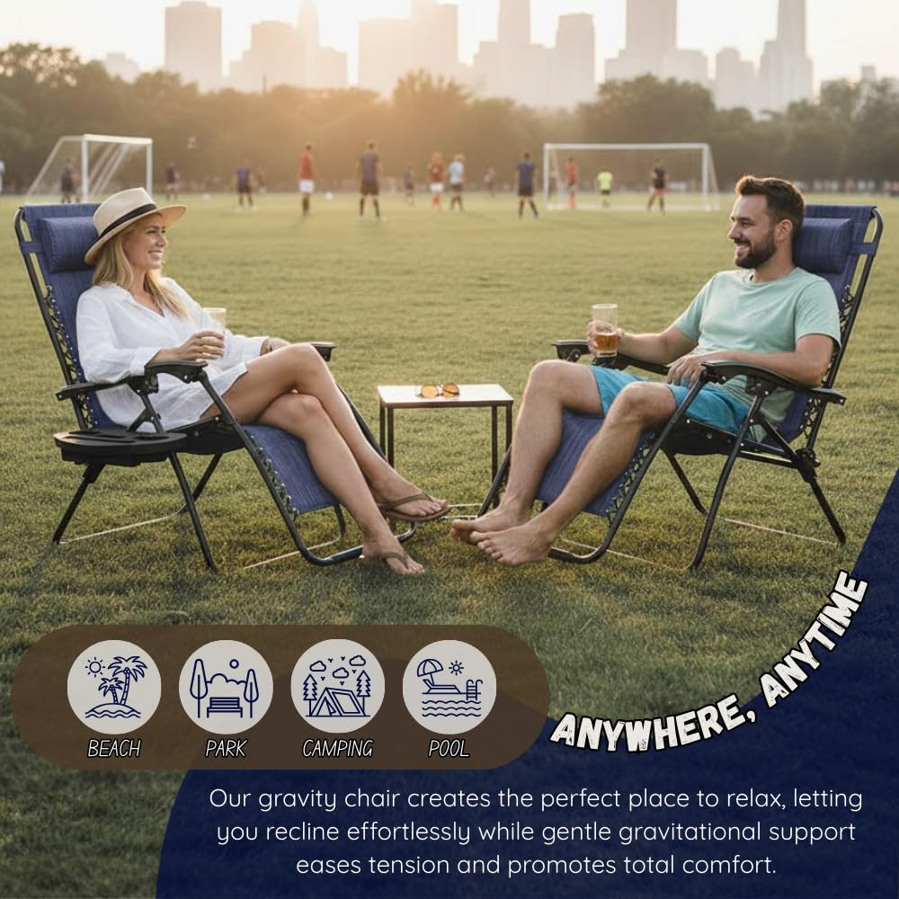 Set of 2 Navy Blue Adjustable Folding Lounge Chairs with Pillows J633
