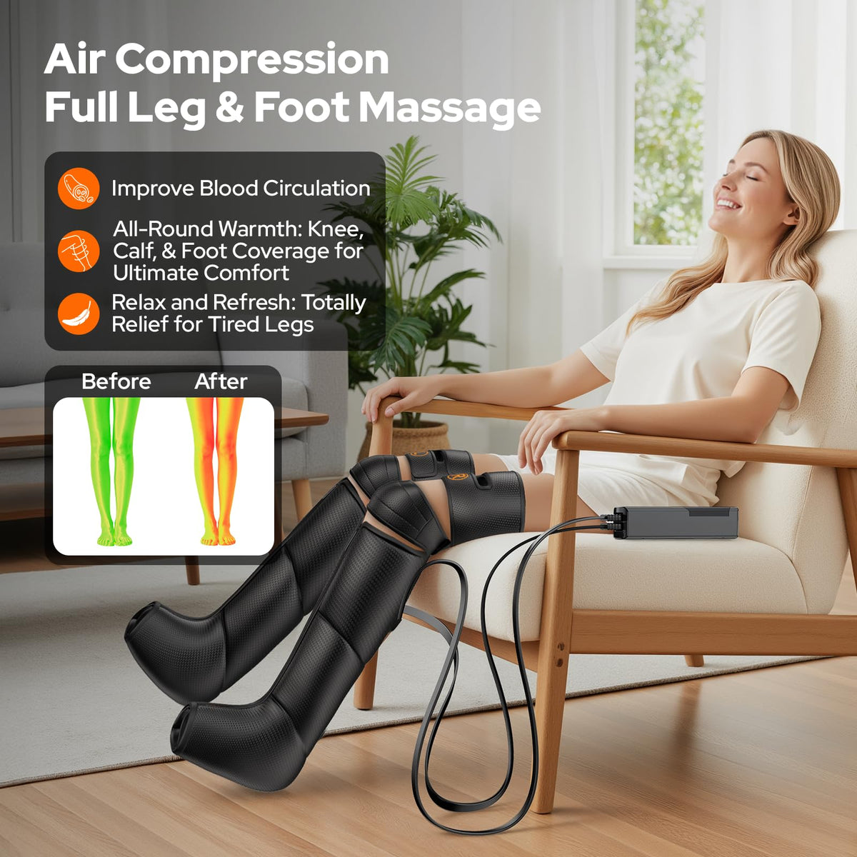 Air Compression Leg Massager with Heat, 6 Modes, 9 Intensities D328