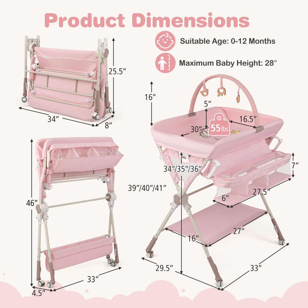 Portable Foldable Baby Changing Table with Wheels Y599312