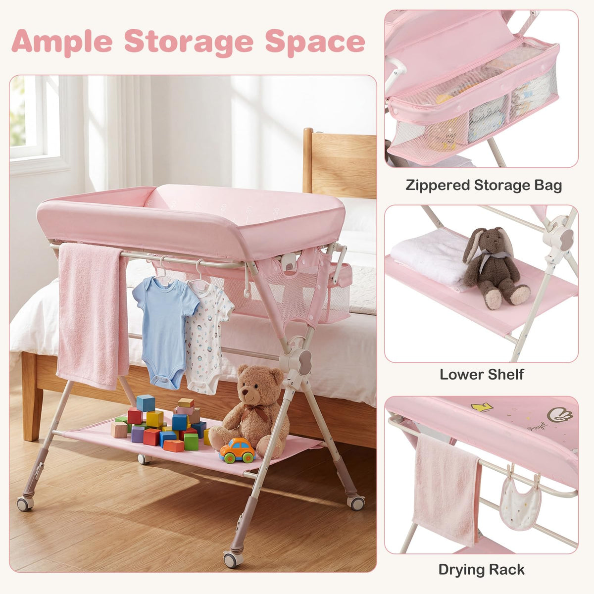 Portable Foldable Baby Changing Table with Wheels Y599312