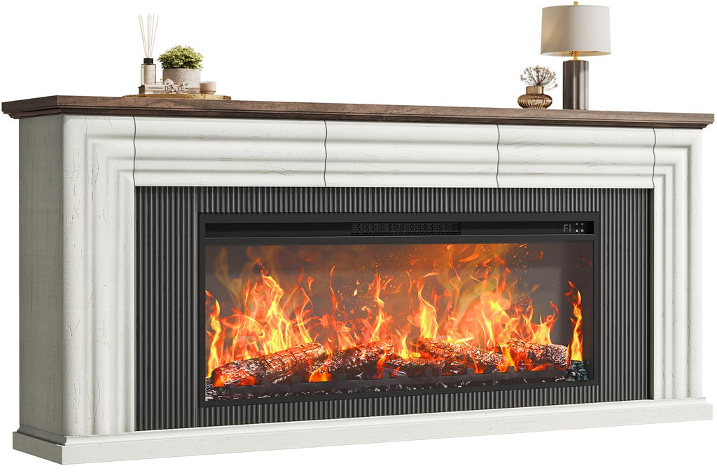 70'' TV Stand with 42'' Electric Fireplace, 3 Drawers, Distressed White J783