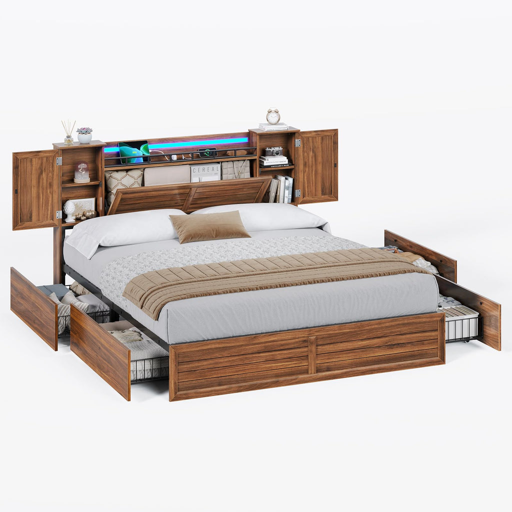 Brown Full Size Wood Bed Frame with Headboard and Storage R8079