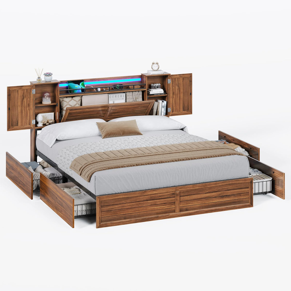 Brown Full Size Wood Bed Frame with Headboard and Storage R8079