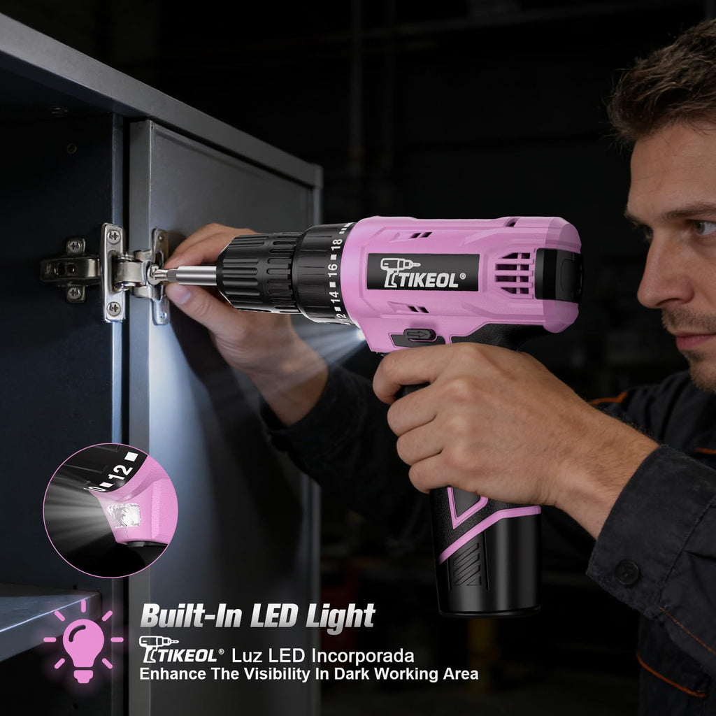 12V Cordless Drill Set with Battery & Charger, 180 In-lbs Torque, 3/8" Keyless Chuck, Pink K985