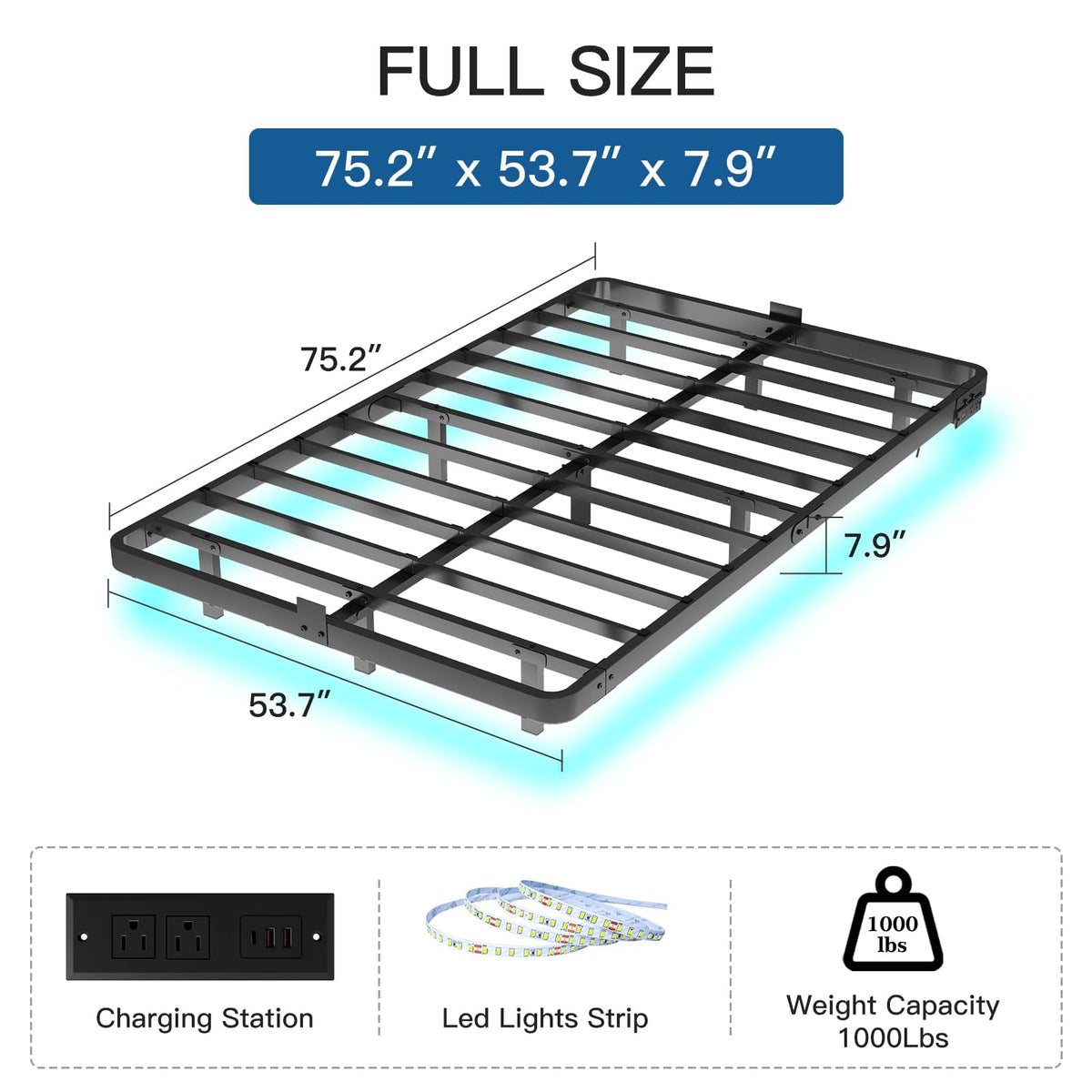 Full Size Floating Platform Bed Frame with LED Lights & Charging Station T529