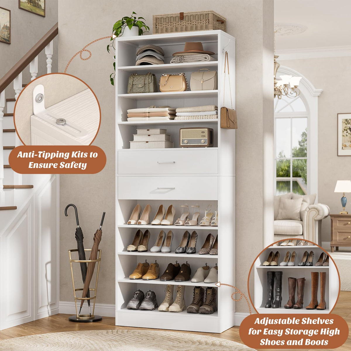 10 Tiers Tall White Wood Shoe Cabinet J583285