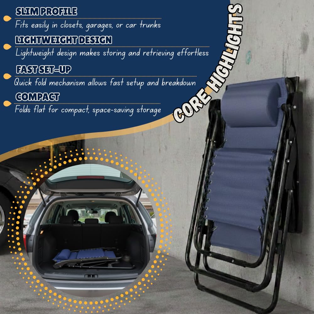 Set of 2 Navy Blue Adjustable Folding Lounge Chairs with Pillows J633