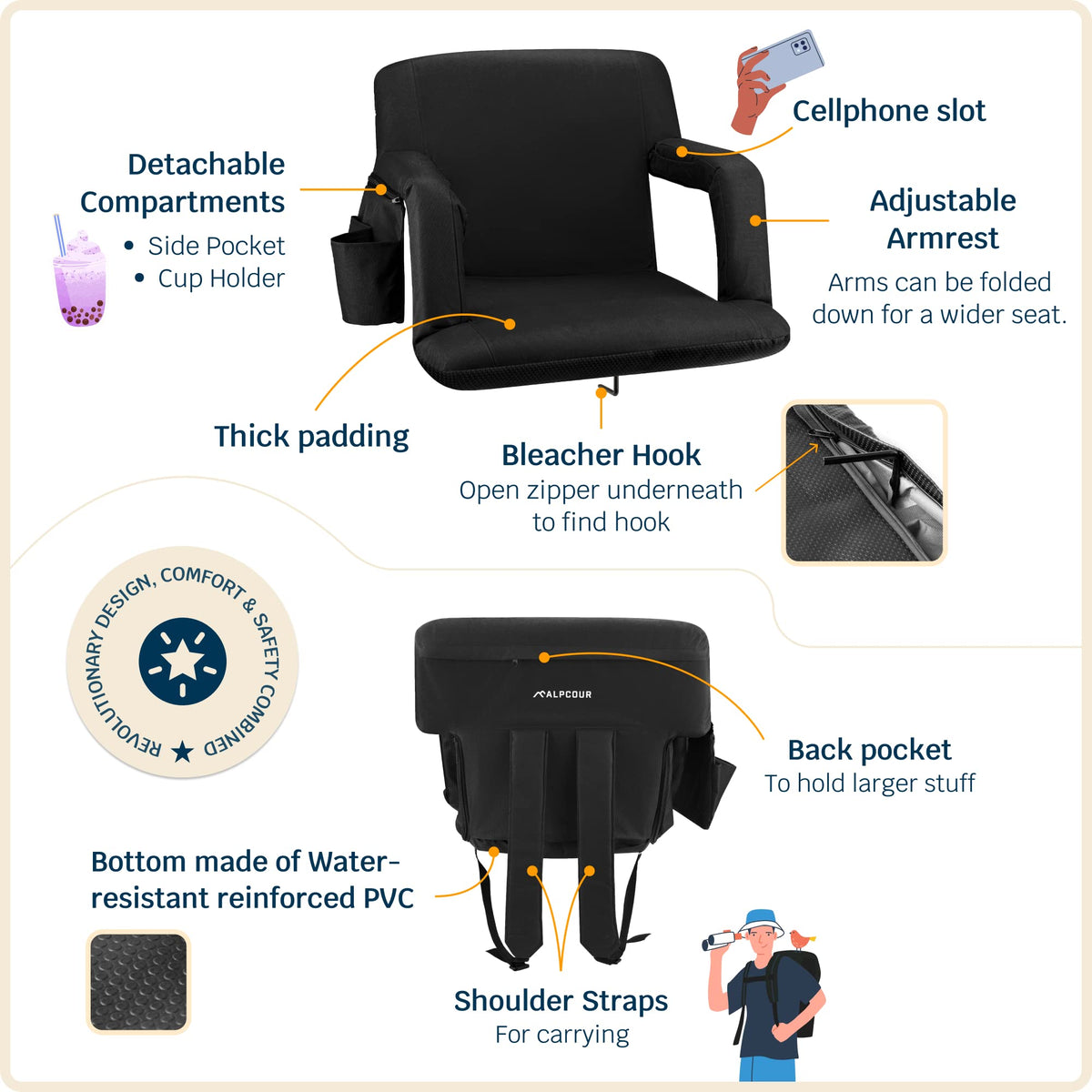 Stadium Seats with Back Support, Padded Cushion, Armrests, Side Pockets F153