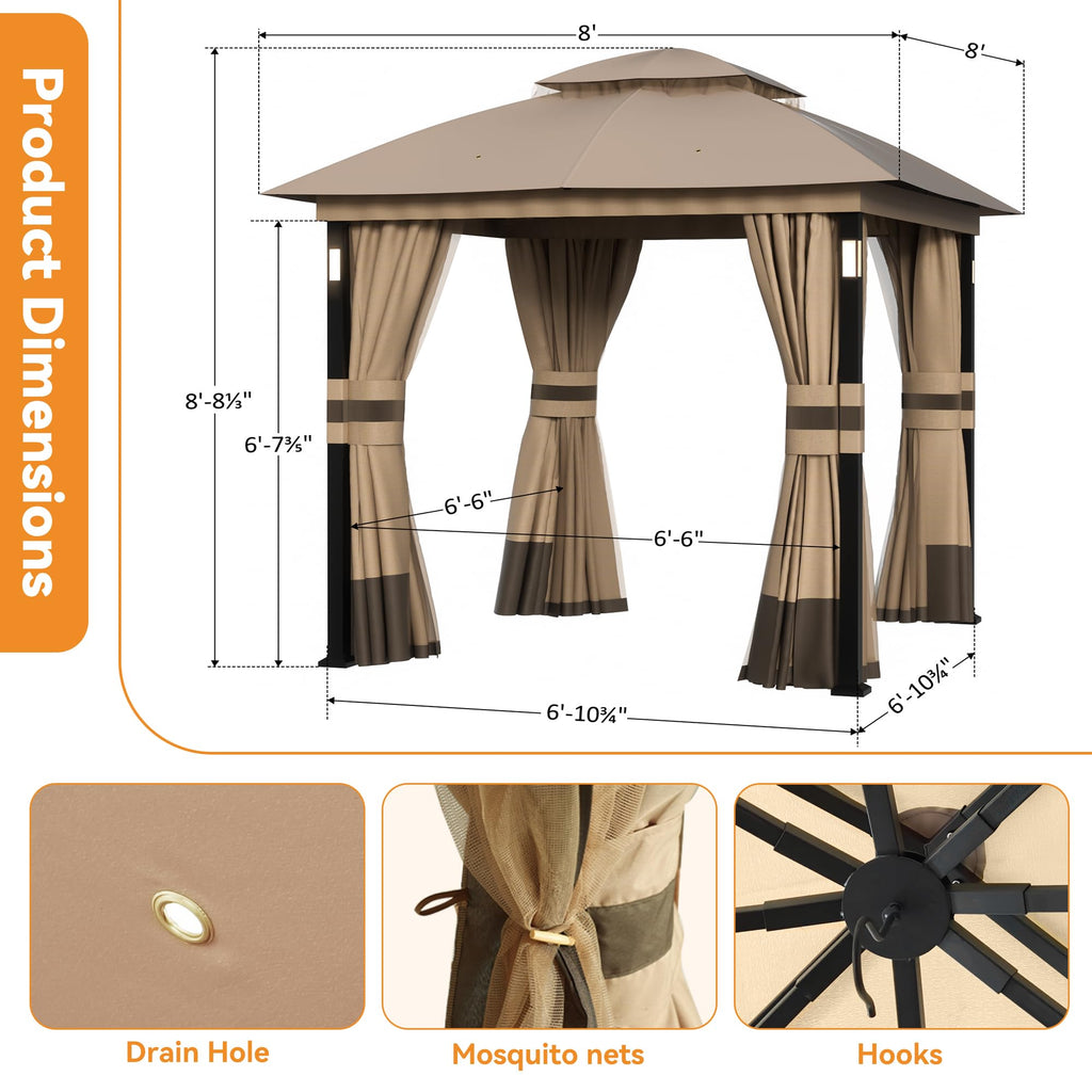 Khaki 8'x8' Outdoor Gazebo with LED Lights and Netting F5880