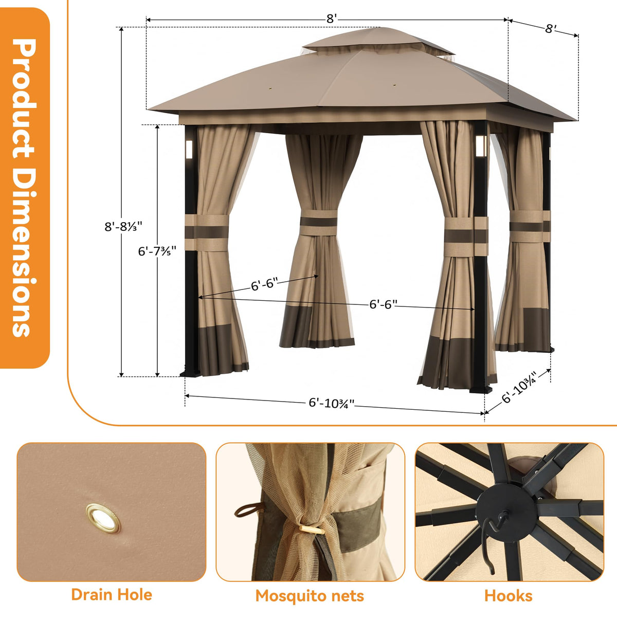 Khaki 8'x8' Outdoor Gazebo with LED Lights and Netting F5880