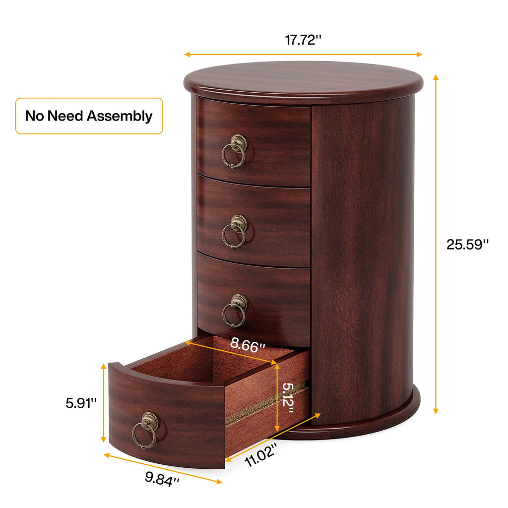 Solid Wood Round End Table with 4 Drawers O1036