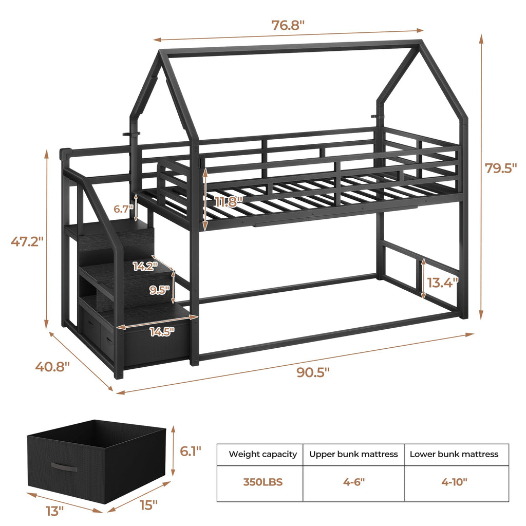Black Twin Over Twin Metal Bunk Bed with Storage Staircase P104