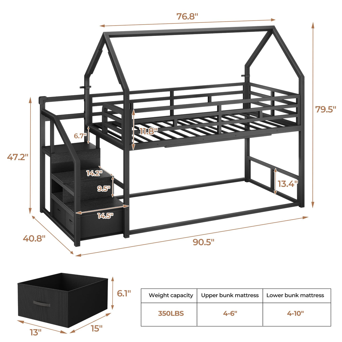 Black Twin Over Twin Metal Bunk Bed with Storage Staircase P104