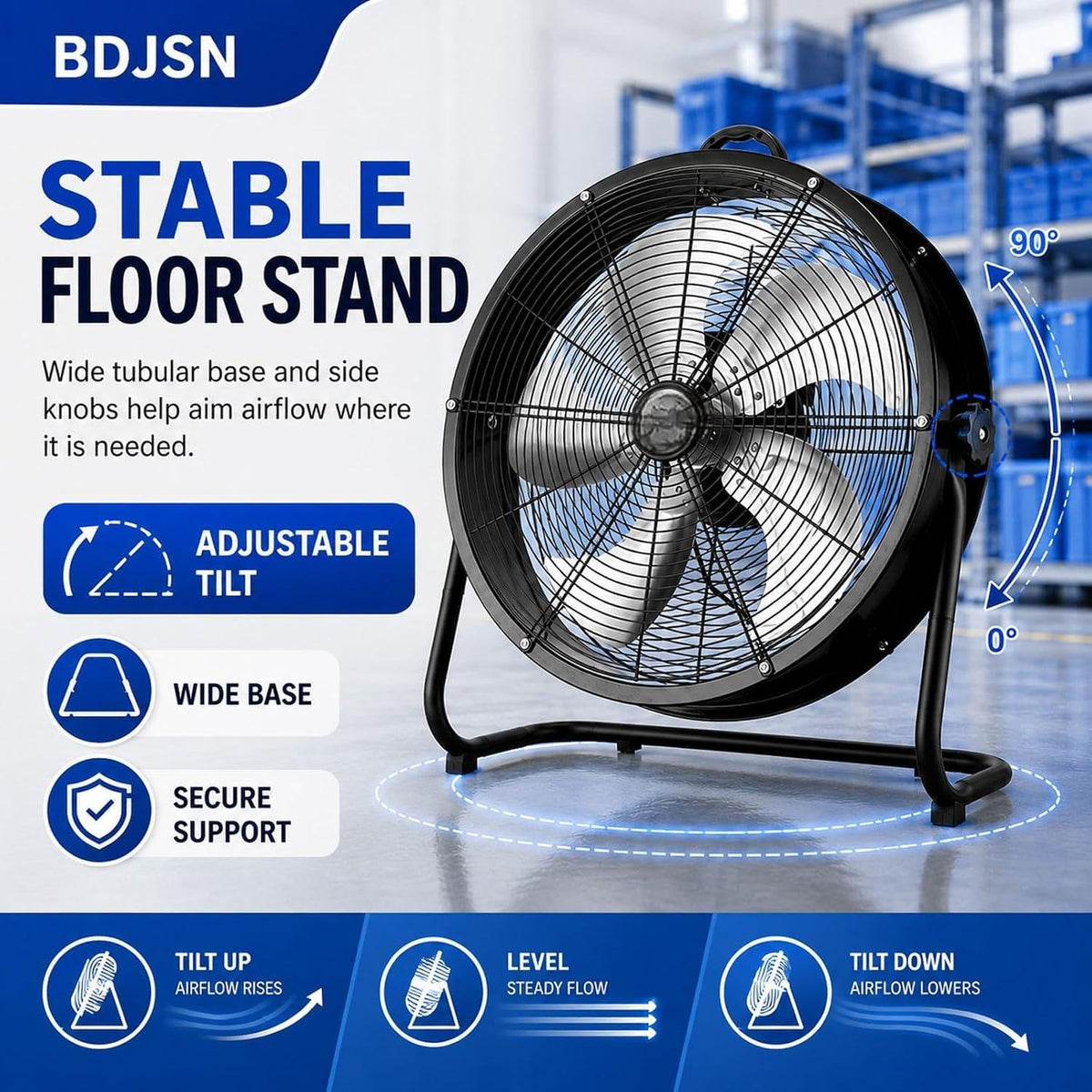 Industrial Drum Fan, High Velocity Air Circulator with 5 Aluminium Blades, 3-Speed Adjustable Tilt Metal Floor Fan Y259