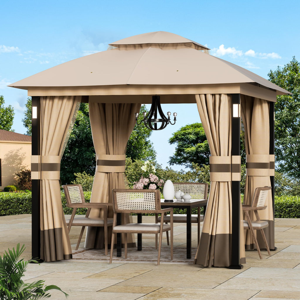Khaki 8'x8' Outdoor Gazebo with LED Lights and Netting F5880