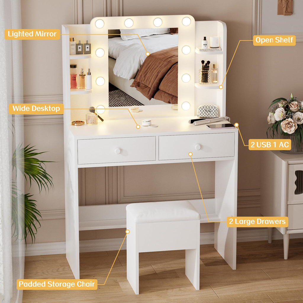White Makeup Vanity Desk with Lighted Mirror and Chair Set M4315