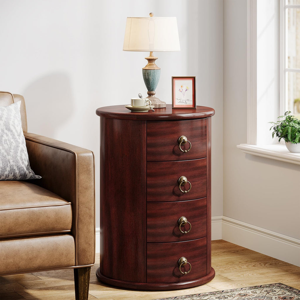 Solid Wood Round End Table with 4 Drawers O1036