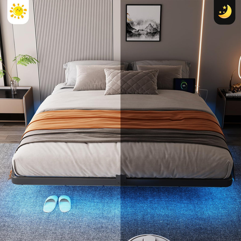 Full Size Floating Platform Bed Frame with LED Lights & Charging Station T529
