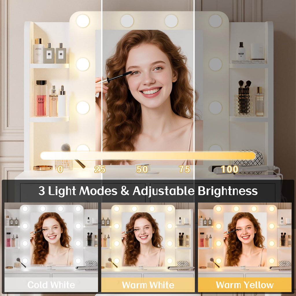 White Makeup Vanity Desk with Lighted Mirror and Chair Set M4315
