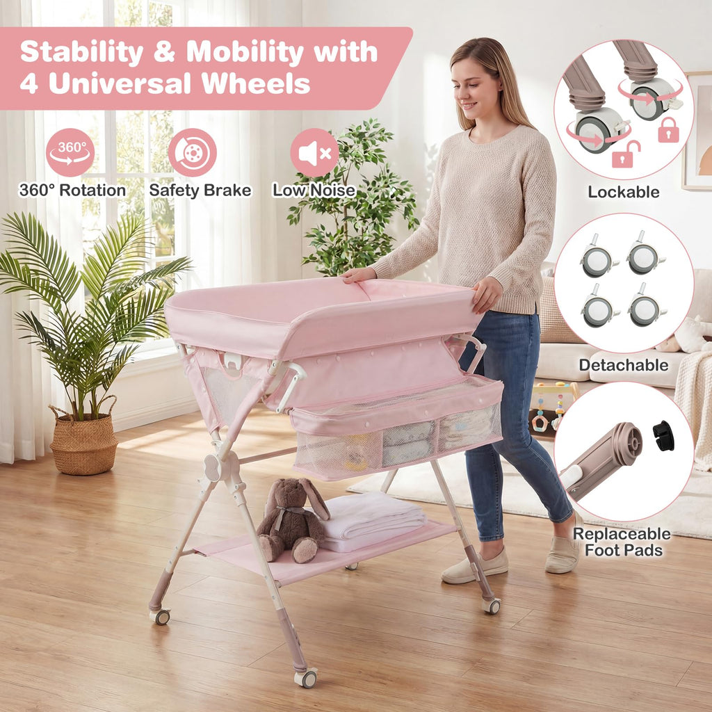 Portable Foldable Baby Changing Table with Wheels Y599312
