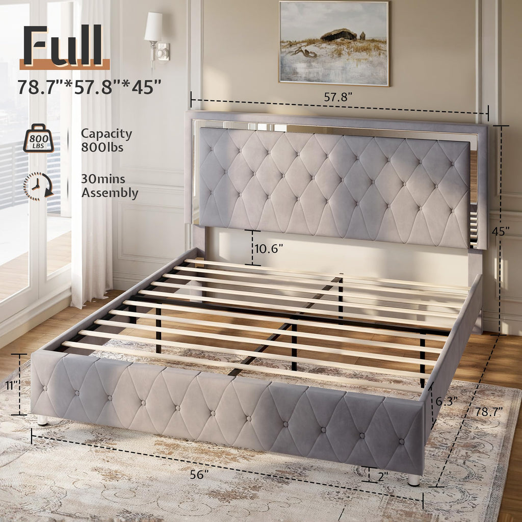 Full Velvet Upholstered Bed Frame with LED Lights Headboard J6155