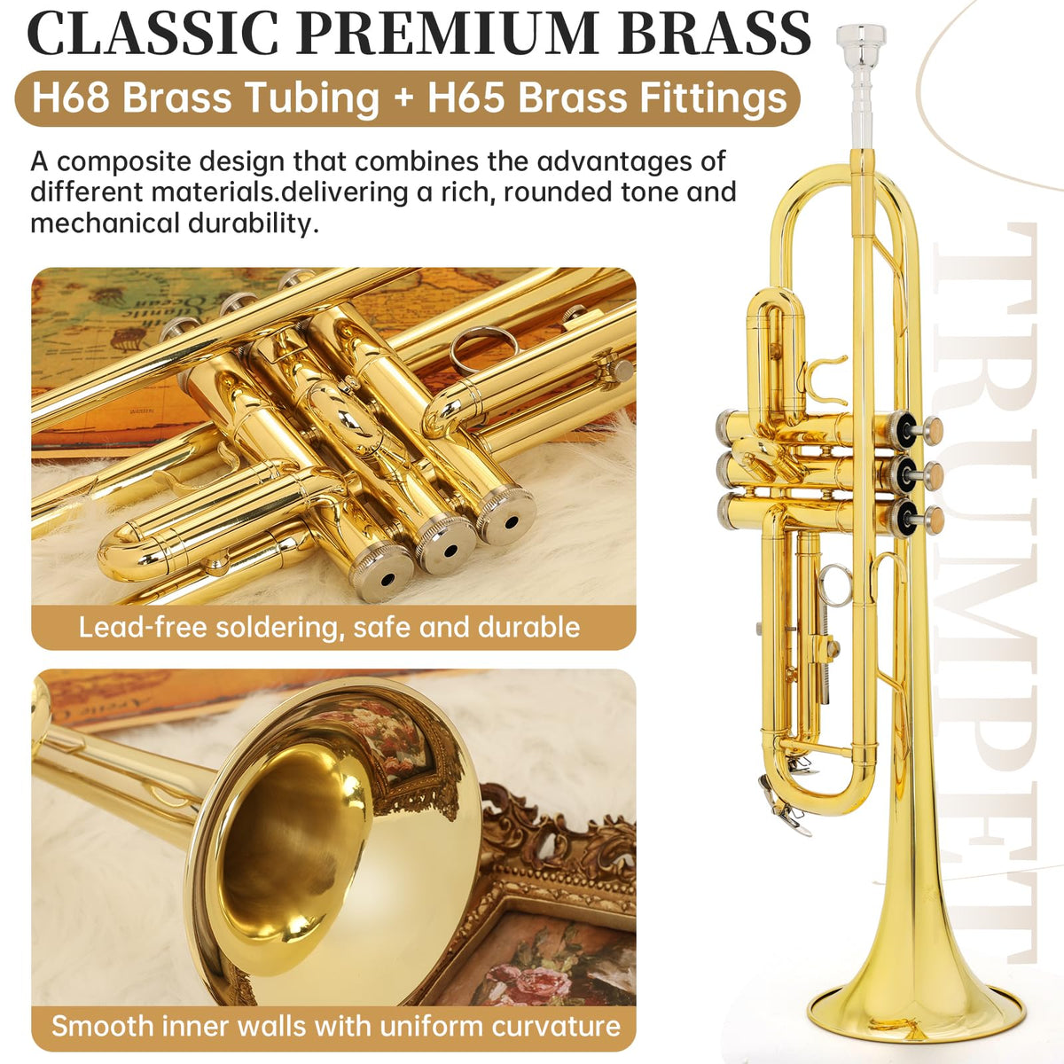 Bb Standard Brass Trumpet with Case, 7C Mouthpiece, Mute and Cleaning Kit O680629